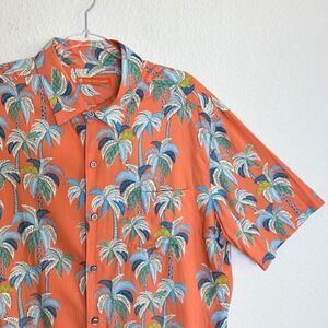 Tori Richard Mens L Hawaiian Aloha Shirt Orange Palm Tree Viscose Made in Hawaii
